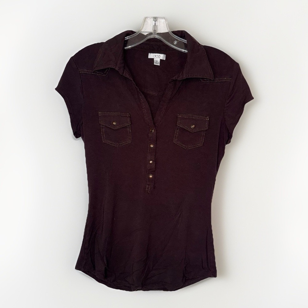 Cache Y2K Snap Front Stretch Knit Top Womens Medium Fitted Brown Cap Sleeve